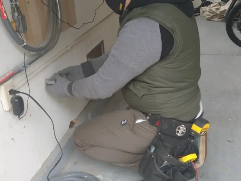 Electrician performing outlet wiring in a Chackbay garage